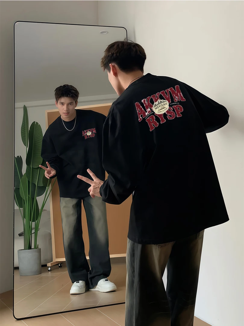 【重磅纯棉】秋冬新款潮流圆领宽松美式休闲复古印花韩版男长袖T恤