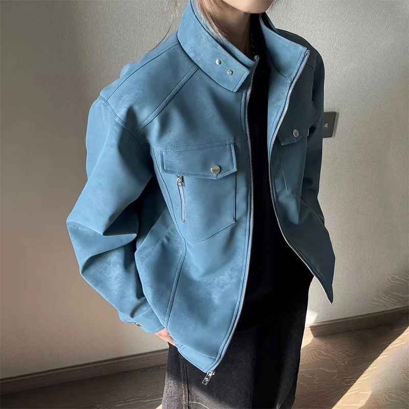 WIND BLOWS2025春装立领散口袖中性百搭PU皮夹克时尚潮流设计外套