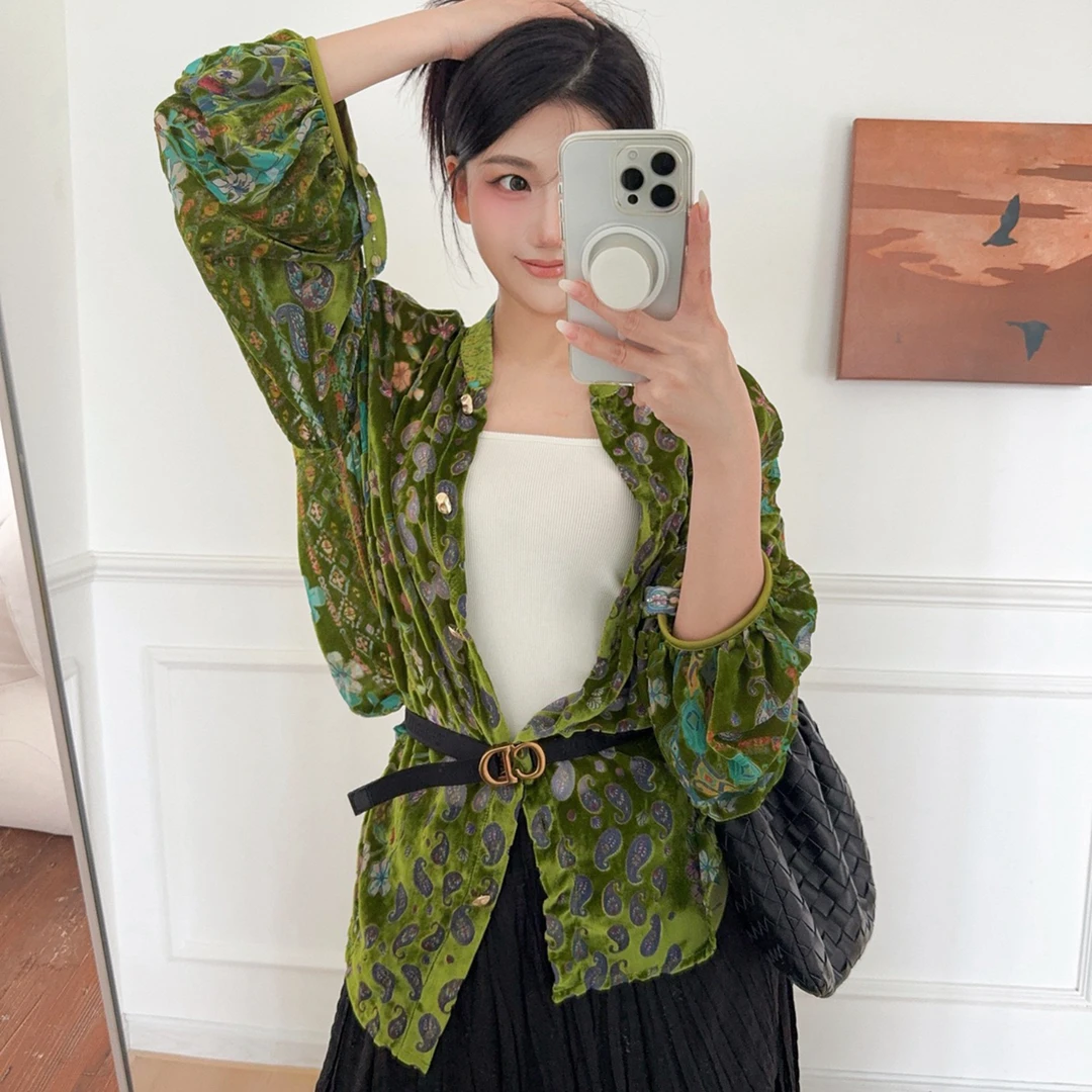 Y幂同款25秋冬新中式丝绒烂花衬衫女外套翻领单排扣长袖国风衬衣