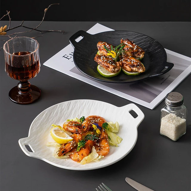 陶瓷釉下彩餐具盘子家用双耳盘多功能防烫热菜汤盘摆盘日式商用盘