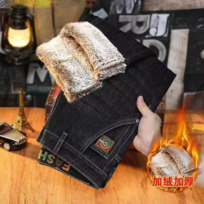 秋冬新款男士牛仔裤加绒加厚弹力修身直筒刺绣潮流休闲修身裤子男