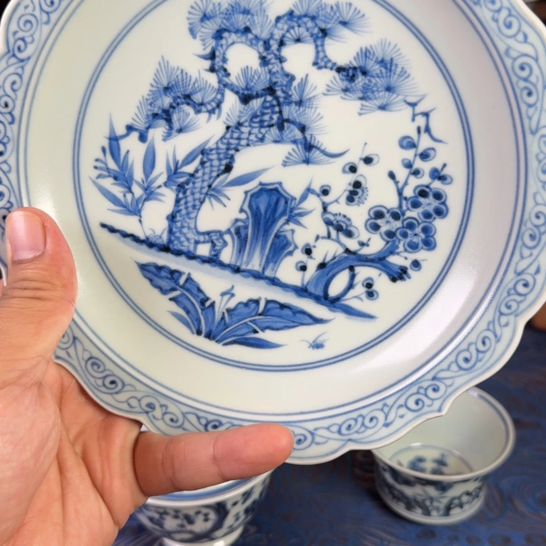 景德镇手工手绘仿元青花松竹梅壶承