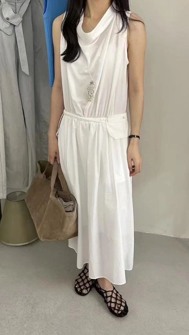 22333 夏季度假风无袖宽松缩褶纯色长款荡领收腰显瘦（配腰包）