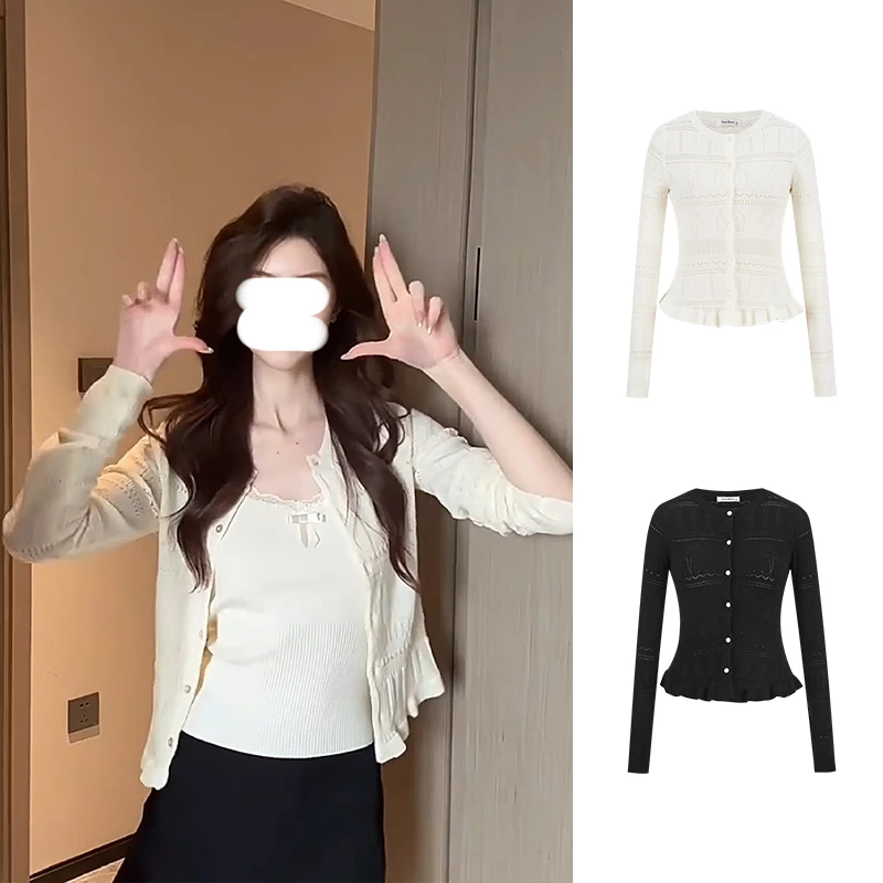 Moses Queen/魔西女王镂空针织开衫女修身收腰薄上衣吊带两件套夏