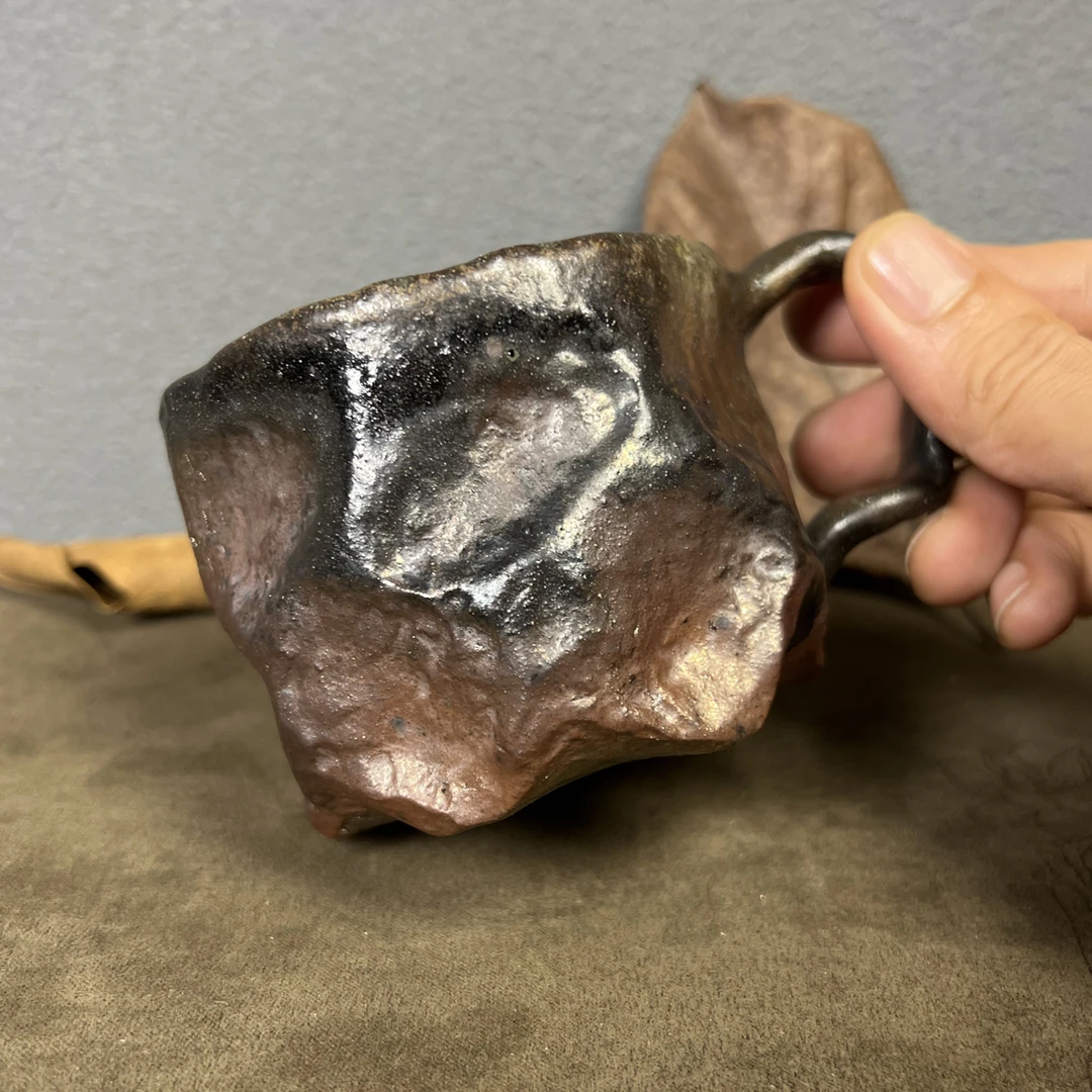 建水紫陶手捏柴烧大容量咖啡杯异形陶瓷复古马克杯紫泥裸烧200cc