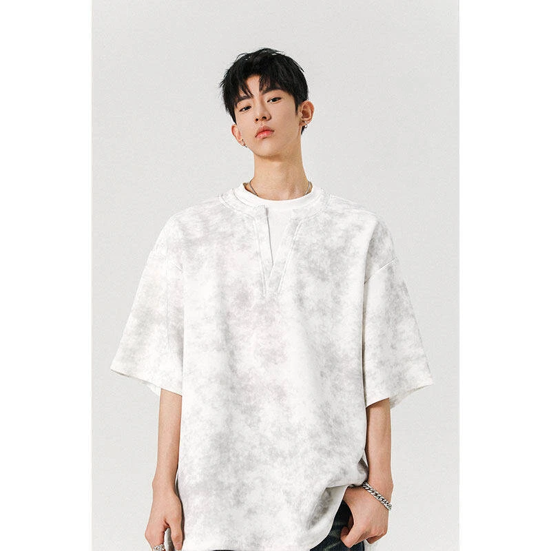 美式复古扎染假两件V领短袖T恤男休闲宽松上衣潮流男款夏季体恤