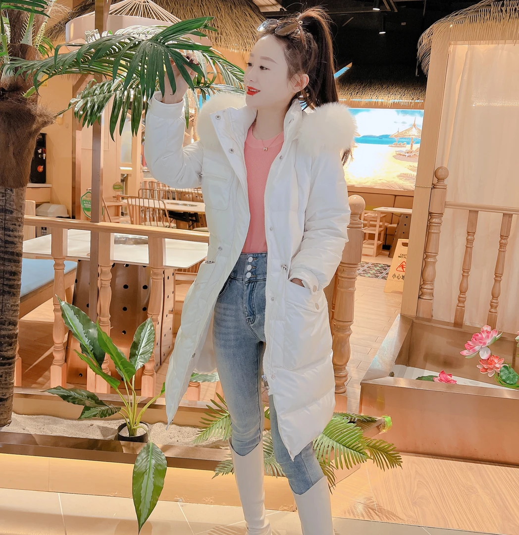 正品狐狸毛羽绒服冬季新款白鸭绒连帽外套收腰中长款大毛领小个子