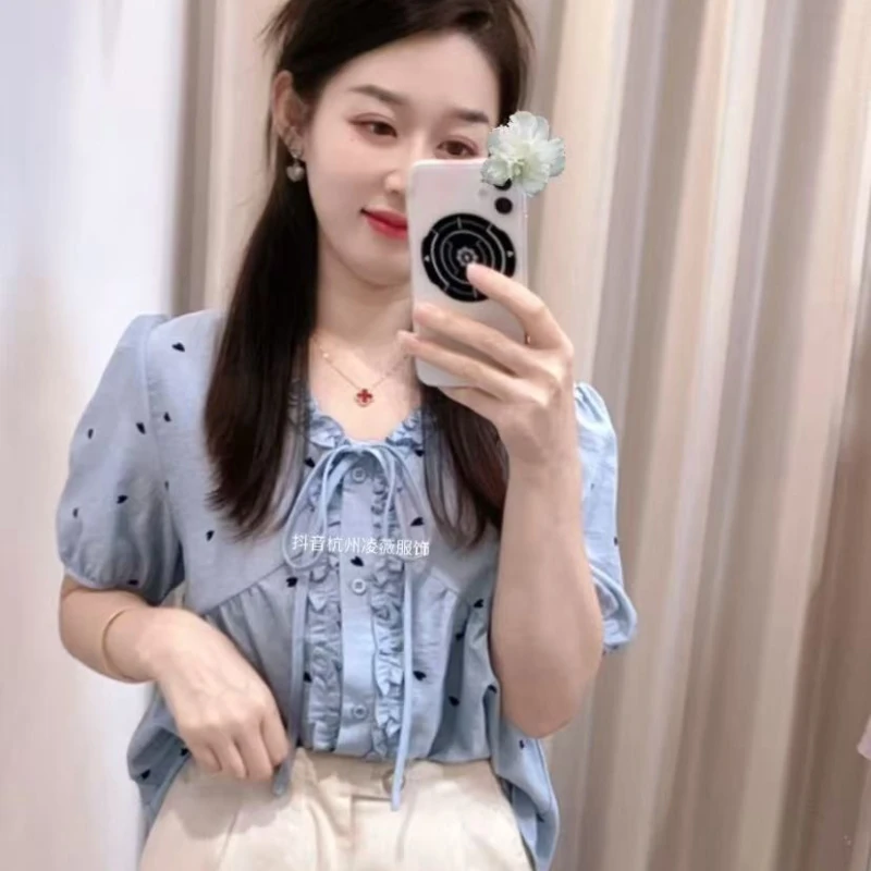 新品韩系系带白搭木耳边小衫8607