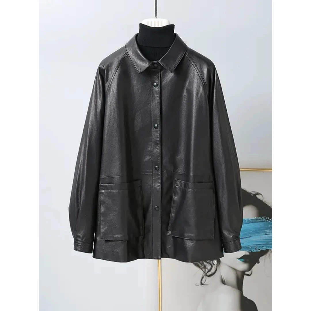 2025新款时尚女装休闲绵羊皮短款皮衣外套宽松洋气翻领皮衣