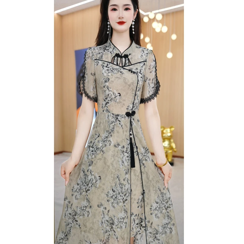 【连衣裙】夏季新款立领花色轻薄时尚中长款连衣裙M-4XL