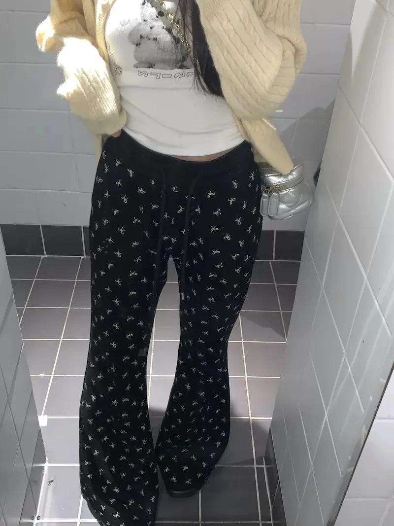 502秋季新款韩系复古蝴蝶结印花设计感修身百搭小众微喇休闲裤