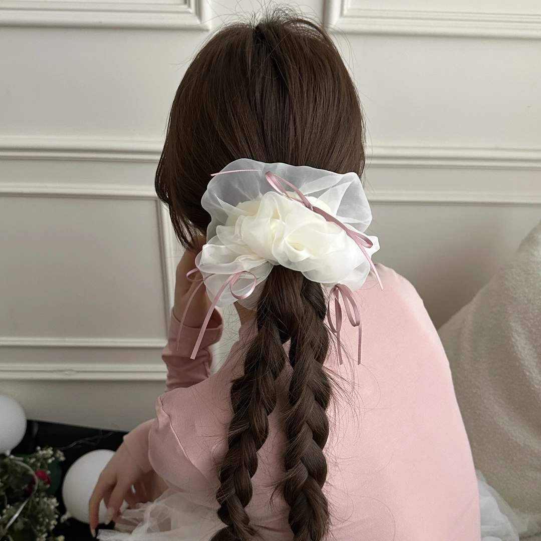 双层布艺欧根纱丝带蝴蝶结大肠发圈女高弹力头绳扎头发绳皮筋头花