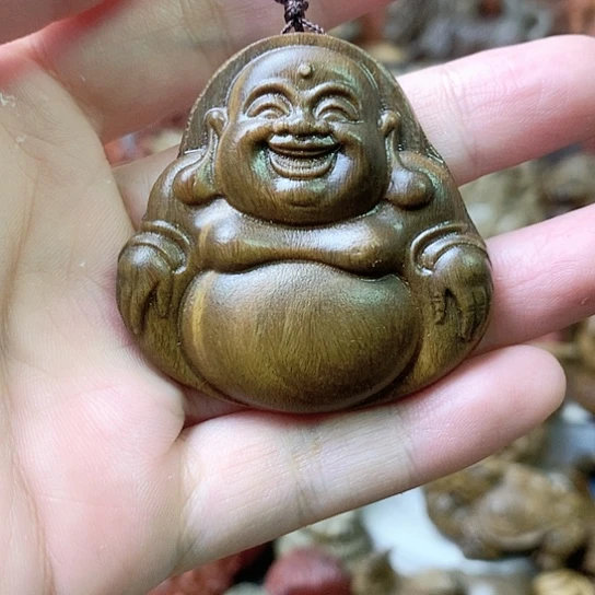 黄花梨/降香黄檀绿檀木弥勒佛牌