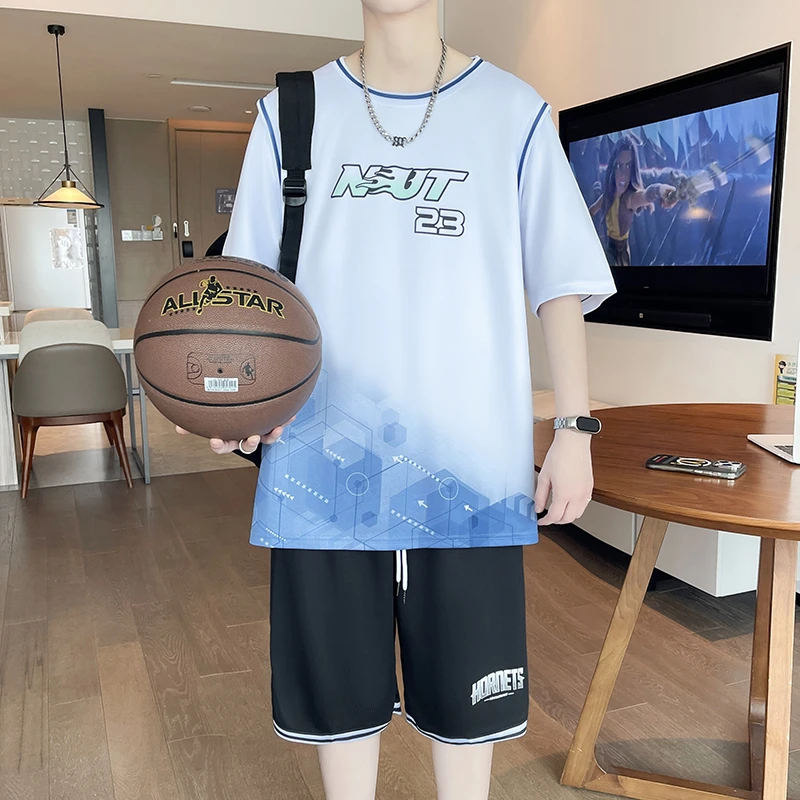 青少年夏季新款凉感两件套篮球服中学生潮流男生薄款休闲运动套装