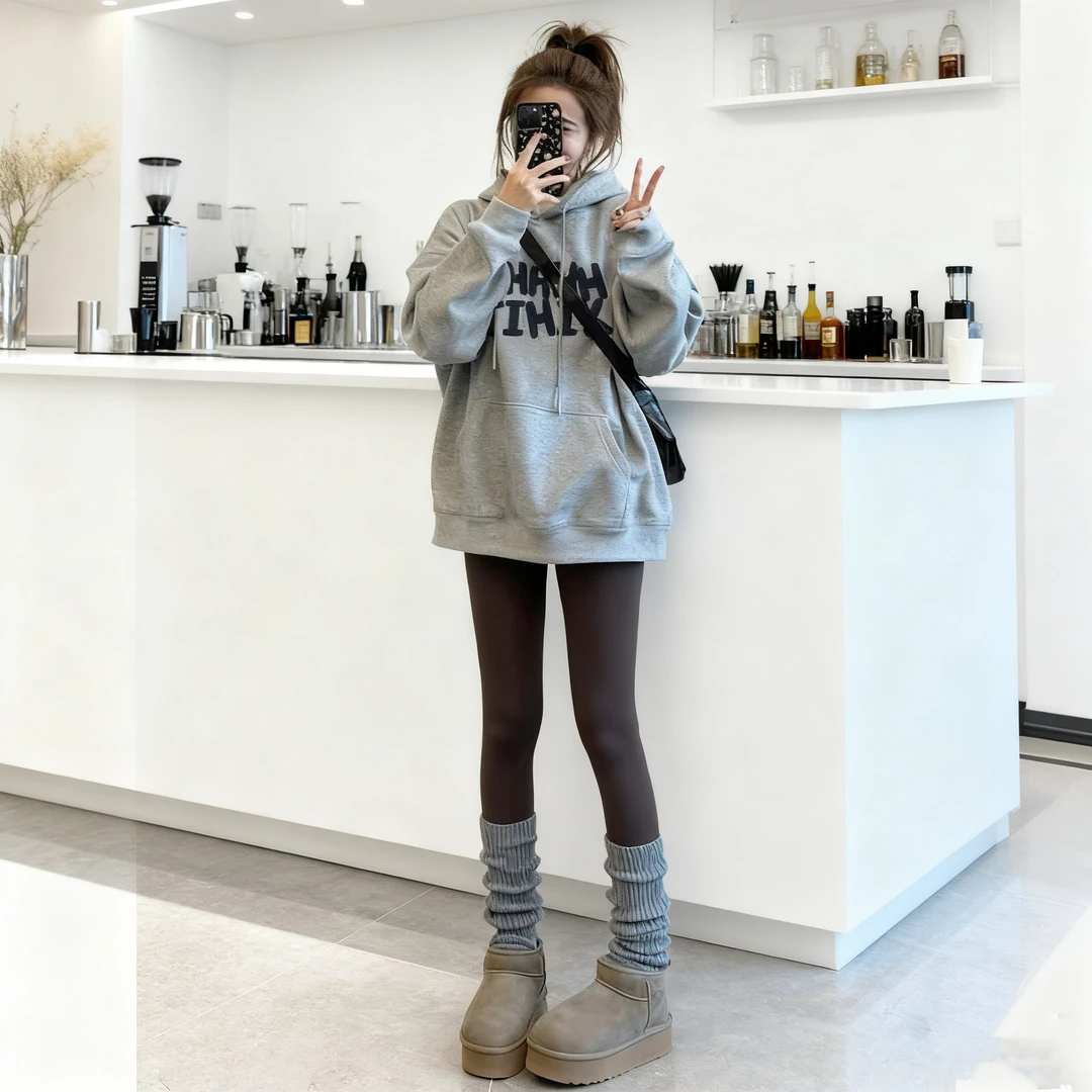早秋高级感灰色连帽卫衣女秋冬季中长款宽松百搭加绒时尚减龄外套