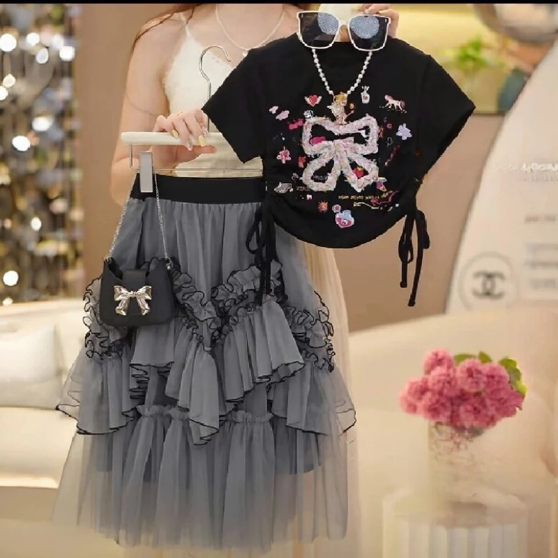 女童夏季短袖套装2025新款儿童卡通T恤半身网纱裙女孩夏装公主裙