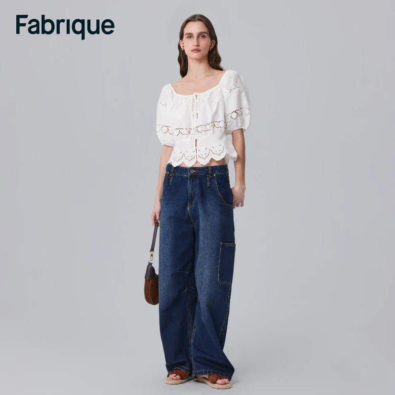 【Fabrique】方领镂空刺绣泡泡袖上衣6A级桑蚕丝棉混纺24夏季新款