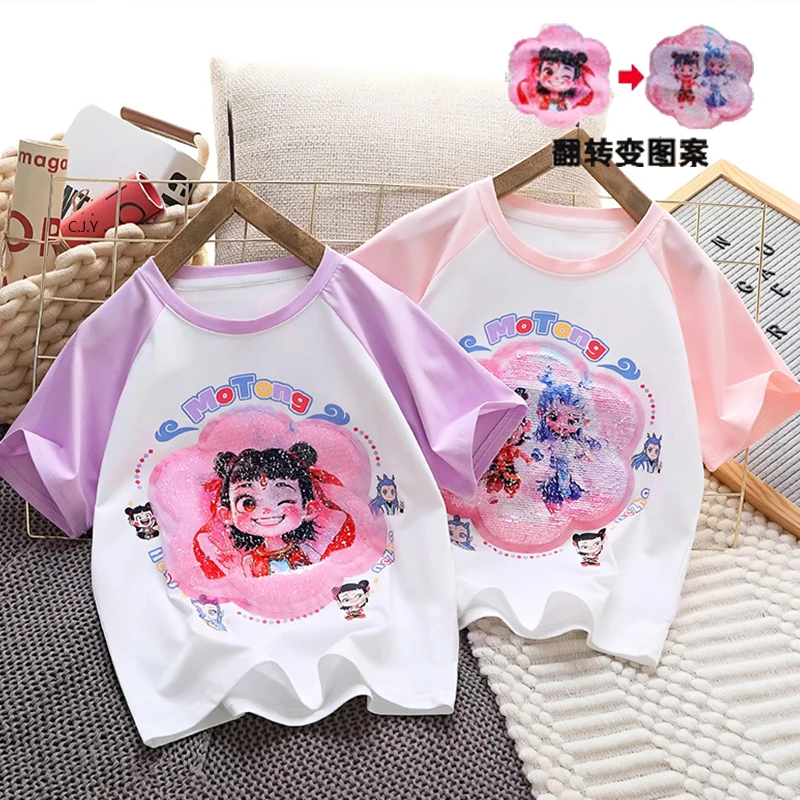 女童哪吒短袖t恤2025夏季新款卡通亮片儿童变身半袖女孩潮牌上衣