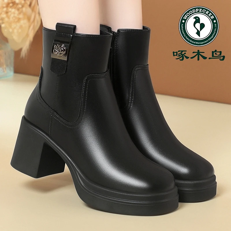 啄木鸟粗跟短靴女加绒气质高跟靴子软皮棉鞋百搭冬季筒靴马丁靴