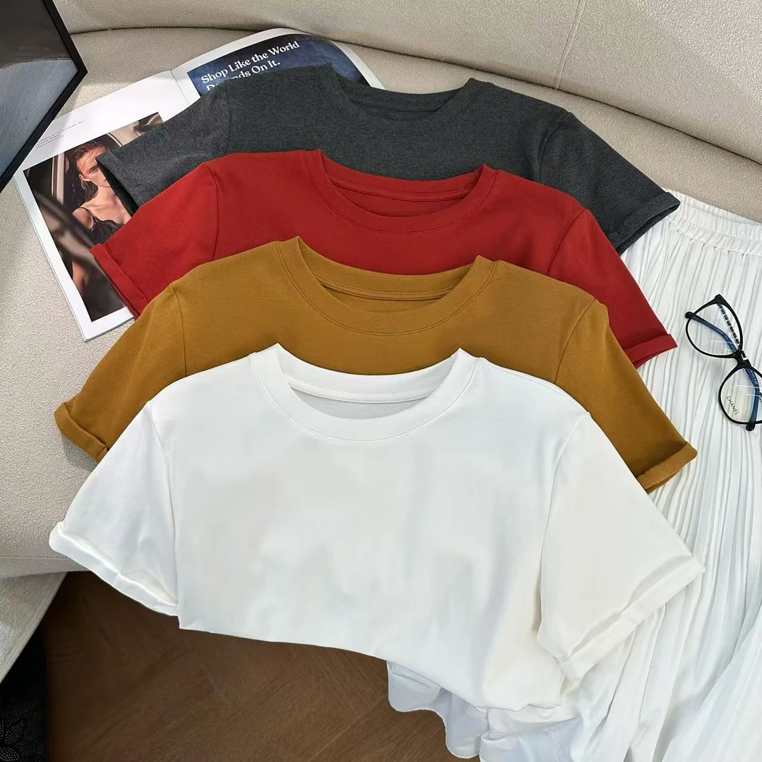 小静折扣~A1147A【小卷边T】圆领翻边袖口棉质舒适短袖T恤