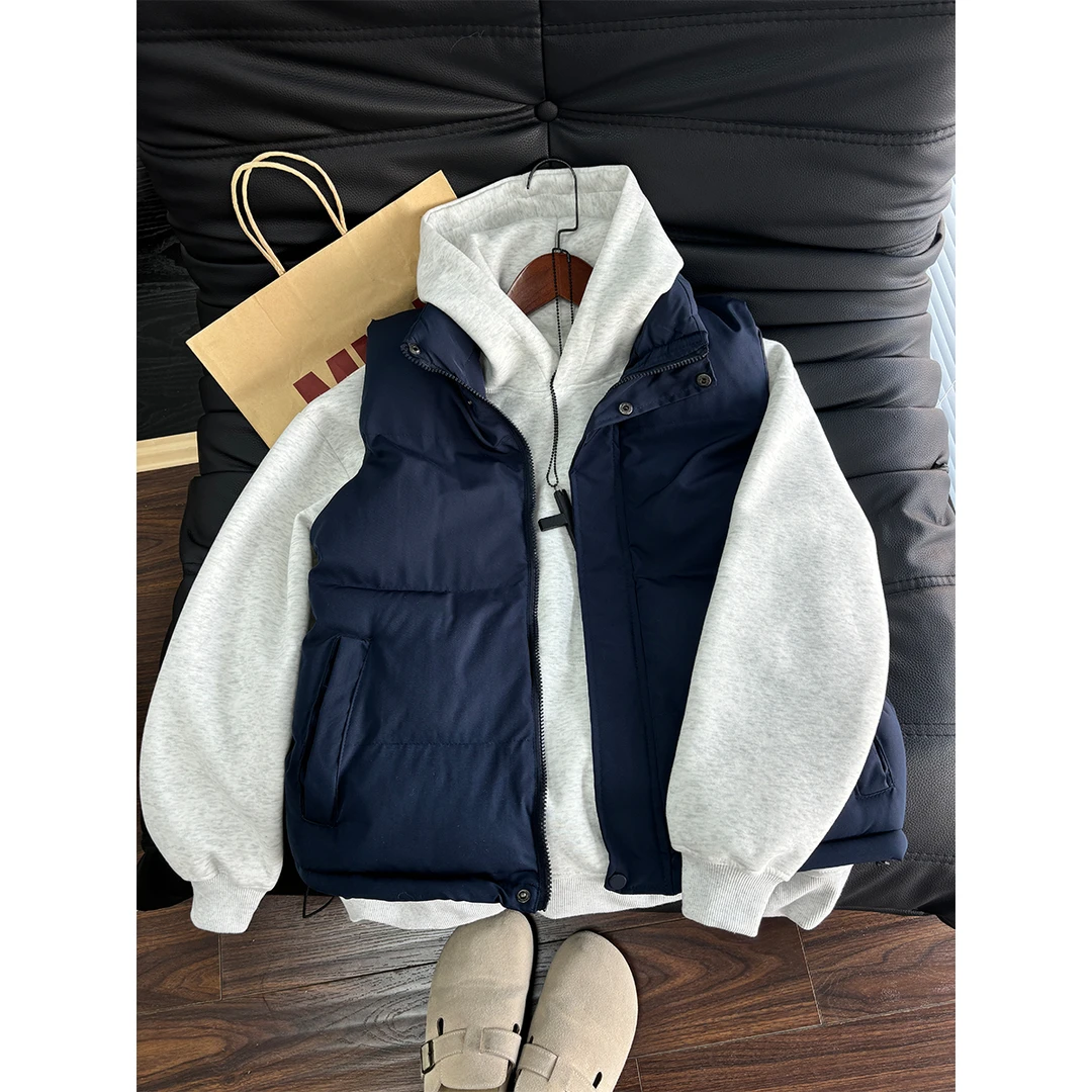 藏青色棉服马甲男女秋冬季叠穿cleanfit无袖背心保暖休闲棉衣外套