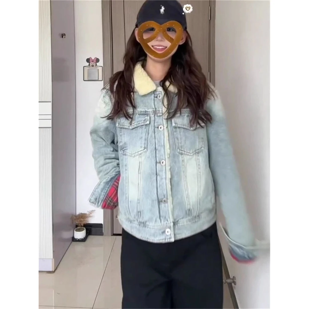 适合小个子穿的短款浅蓝色毛绒领牛仔棉服外套女2025冬季百搭上衣