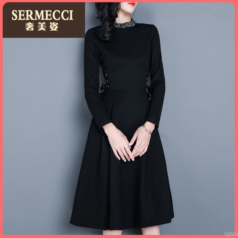 新款小黑裙2025春秋淑女气质修身A字黑色立领长袖打底连衣裙