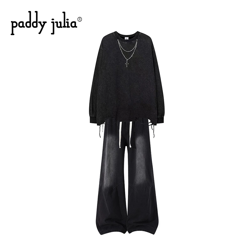 Paddy julia美式休闲套装男春秋款破洞做旧长袖T恤潮流渐变牛仔裤