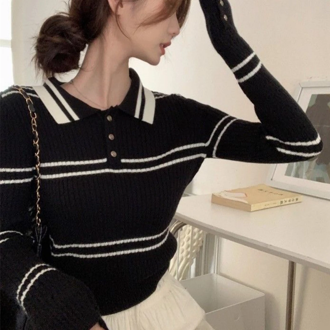 POLO领针织衫女秋冬新款内搭上衣学院风减龄撞色百搭条纹短款毛衣