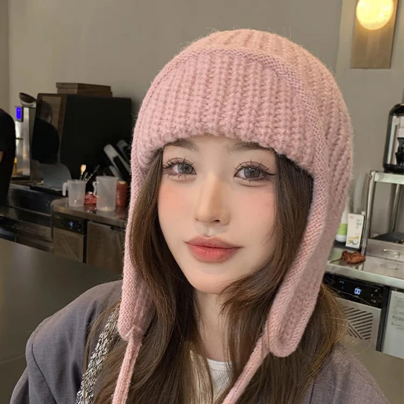 纯色保暖针织护耳帽子女秋冬绑带毛线帽韩版时尚加厚飞行帽