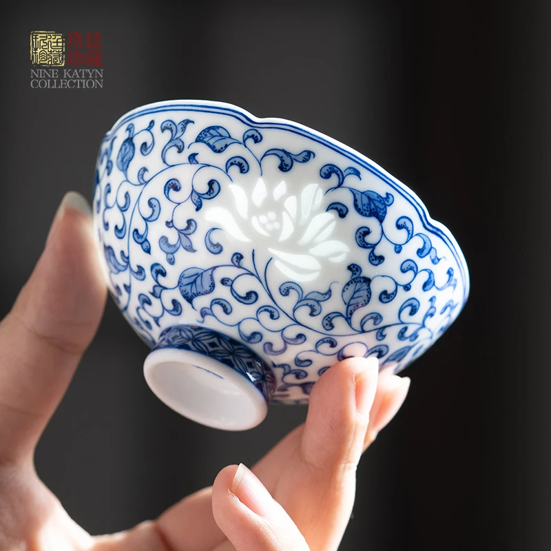 景德镇手绘专用缠枝莲功夫茶具玲珑茶杯主人杯单个中式高档品茗杯