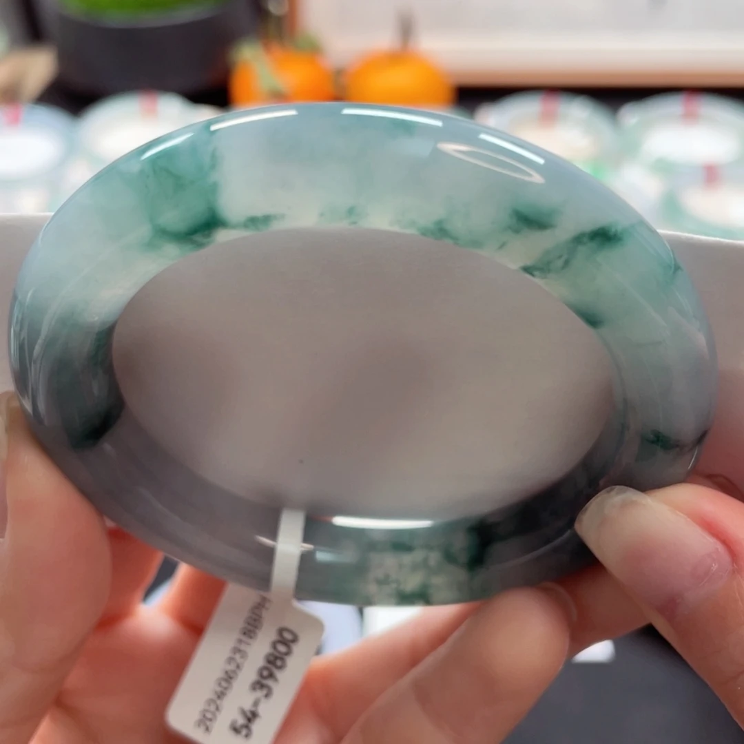 【闪购商品】翡翠手镯未镶嵌54圆条冰胶透水墨蓝花17号