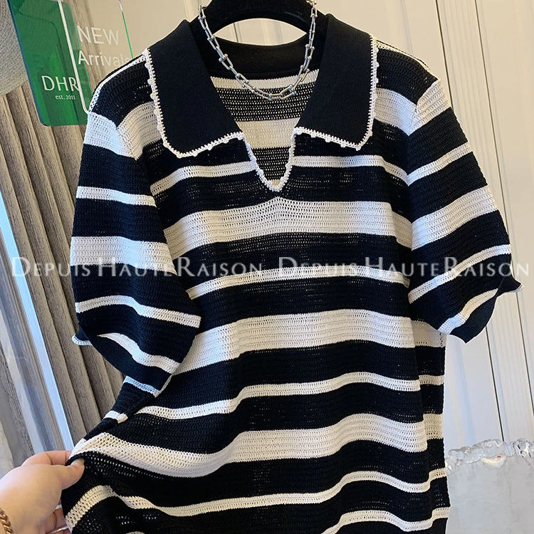 300斤加大码春夏季撞色条纹polo领短袖针织衫男款宽松慵懒风上衣2