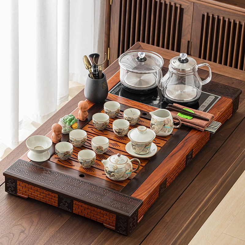 花梨实木边雕茶盘全自动烧水壶一体整套茶具套装家用中式原木茶台