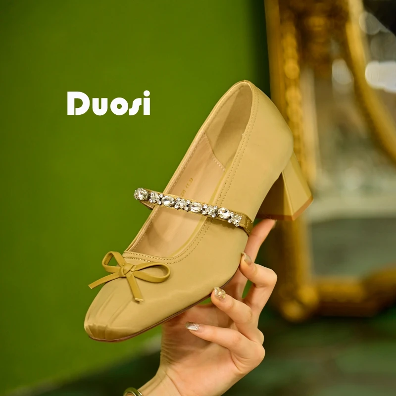 【DUOSI】5cm蝴蝶结仙女高跟鞋时尚方头玛丽珍鞋水钻百搭单鞋116-3