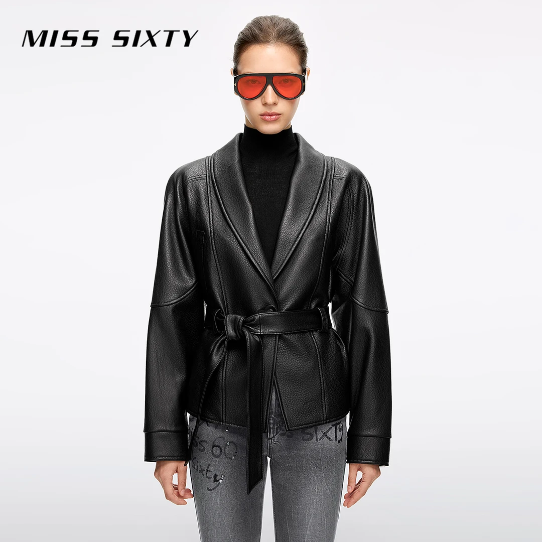 Miss Sixty2025冬季新款真皮外套女青果领配腰带宽松羊皮革高级感