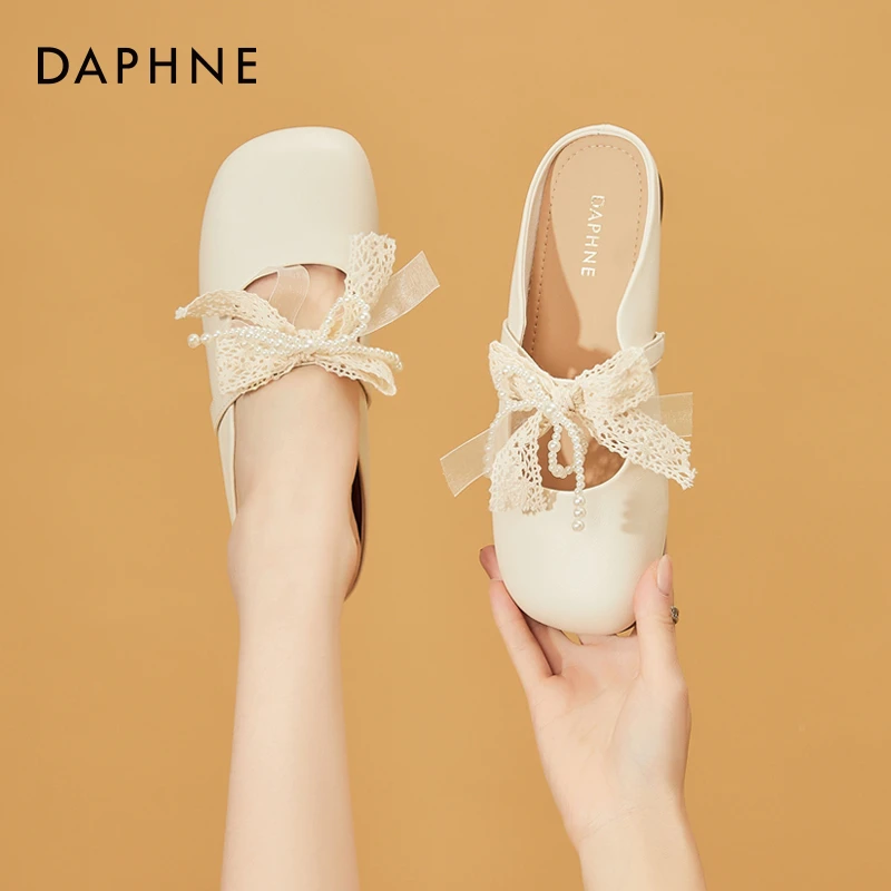 达芙妮法式半拖穆勒鞋女2025新款秋秋季平底蝴蝶结一脚蹬包头拖鞋