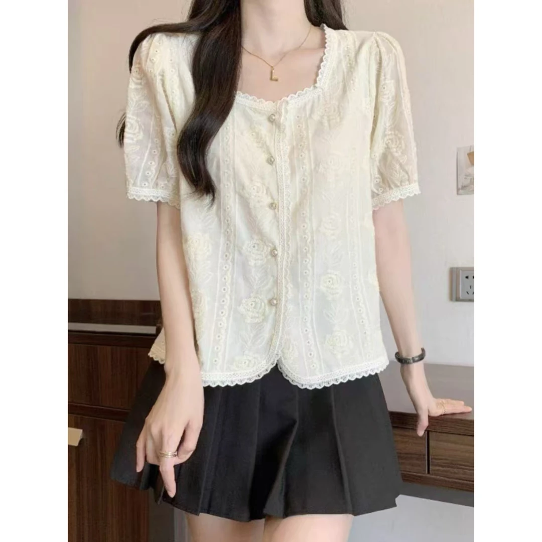 1818-2025年夏季新款时尚洋气重工蕾丝刺绣半袖T恤