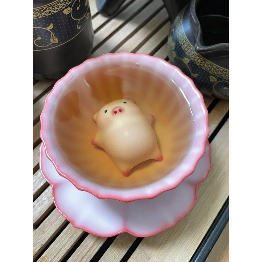 猪油冻躺平吐泡泡小猪汝窑茶杯主人杯陶瓷品茗杯个人专用创意玩具