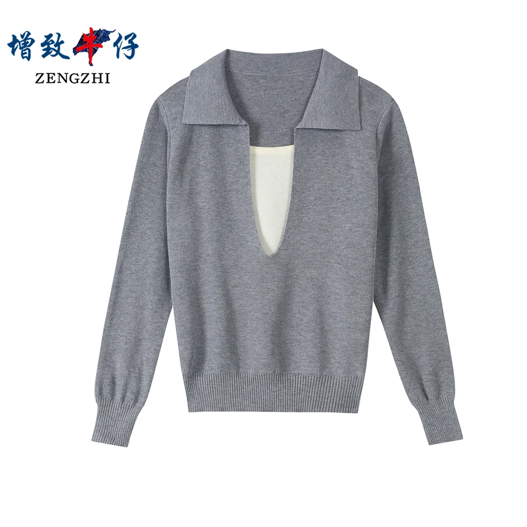 ZENGZHI/增致牛仔秋季百搭显瘦V领针织拉链开衫长袖D987