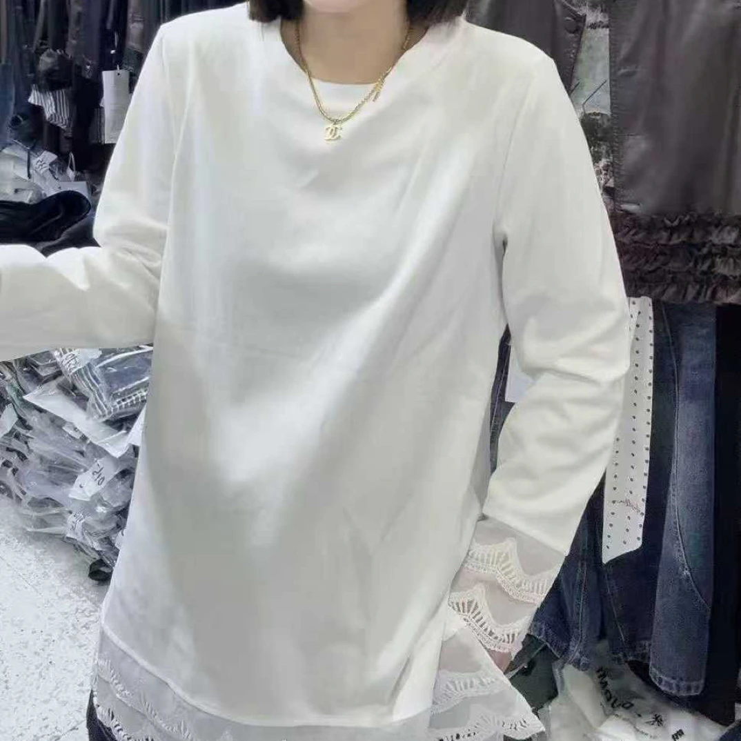 2025秋季新款下摆两侧开衩蕾丝拼接女士显瘦长袖净版潮流打底衫