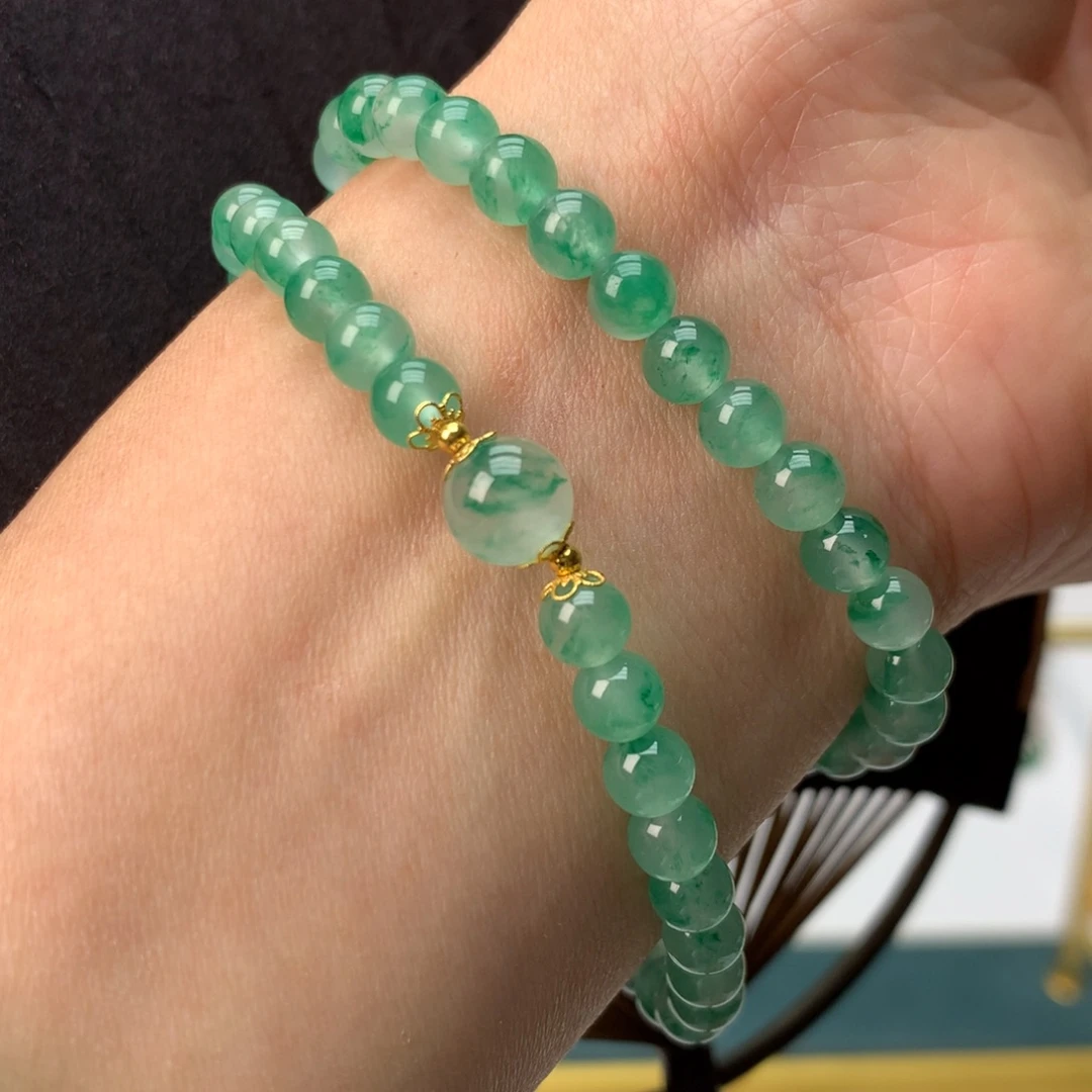 石英质玉（非洲翠）18K金镶嵌冰飘花精品双层手串