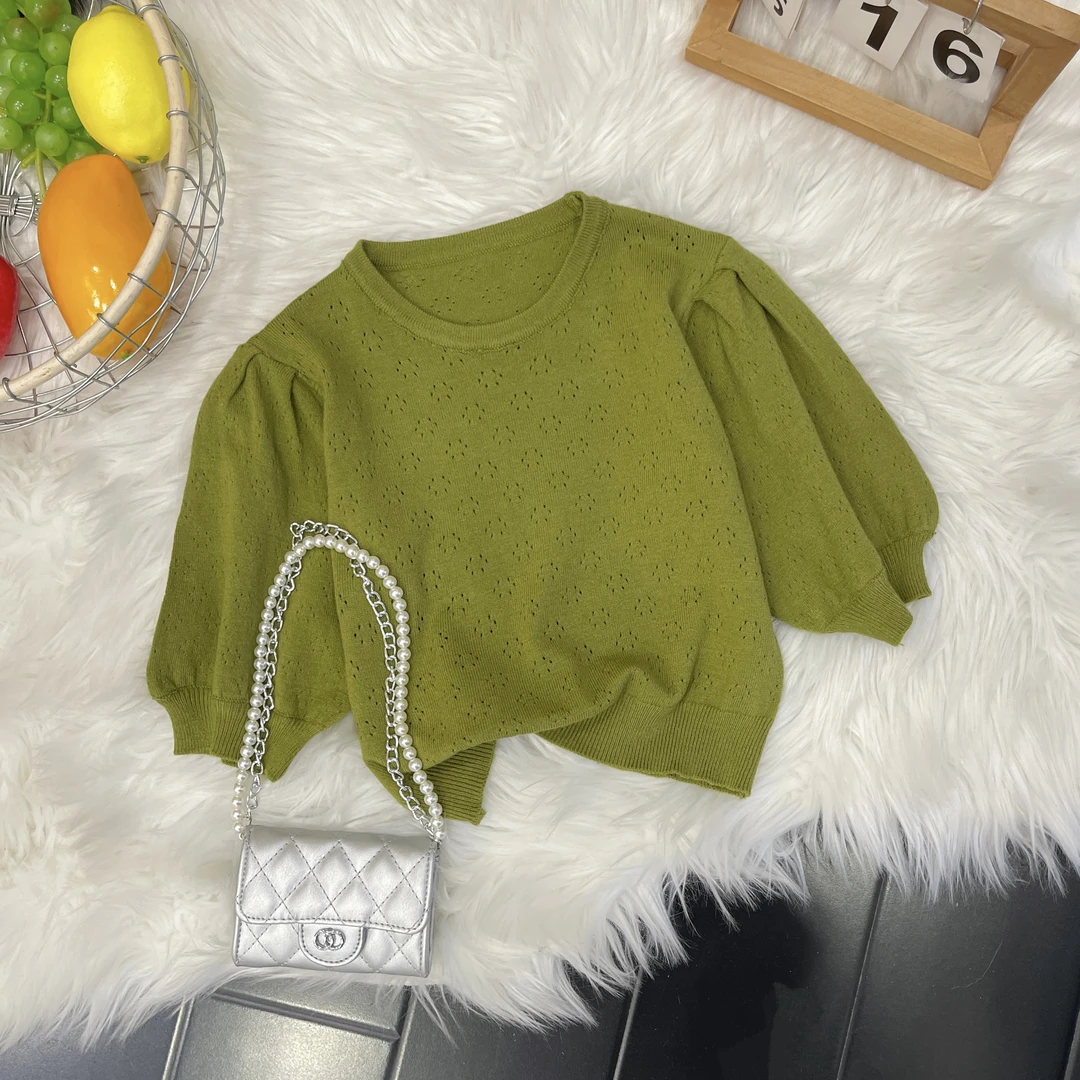 2025春秋新款宝宝毛衣灯笼袖镂空针织衫薄款上衣女童