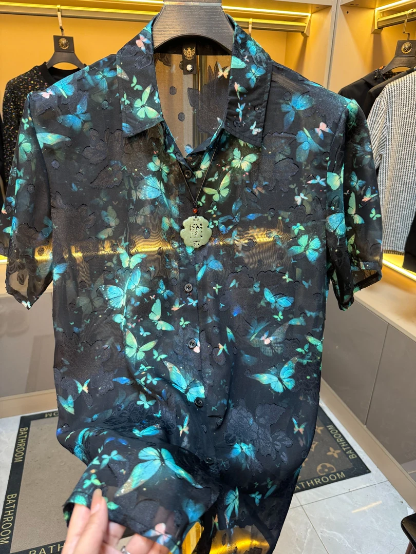 2025夏季冰丝提花男士衬衫短袖衬衣25-880888翻领薄款宽松