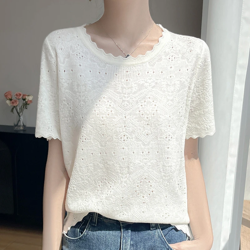 时尚蕾丝木耳边甜美白色短袖t恤上衣薄款针织衫镂空薄款NSY-376