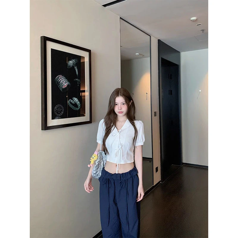 韩版休闲百搭2025夏季新款短袖衬衫白色上衣高腰直筒宽松阔腿裤女