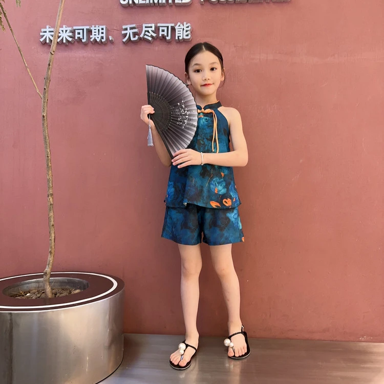 女童国风背心套装夏季2024新款新中式挂脖无袖吊带休闲短裤两件套