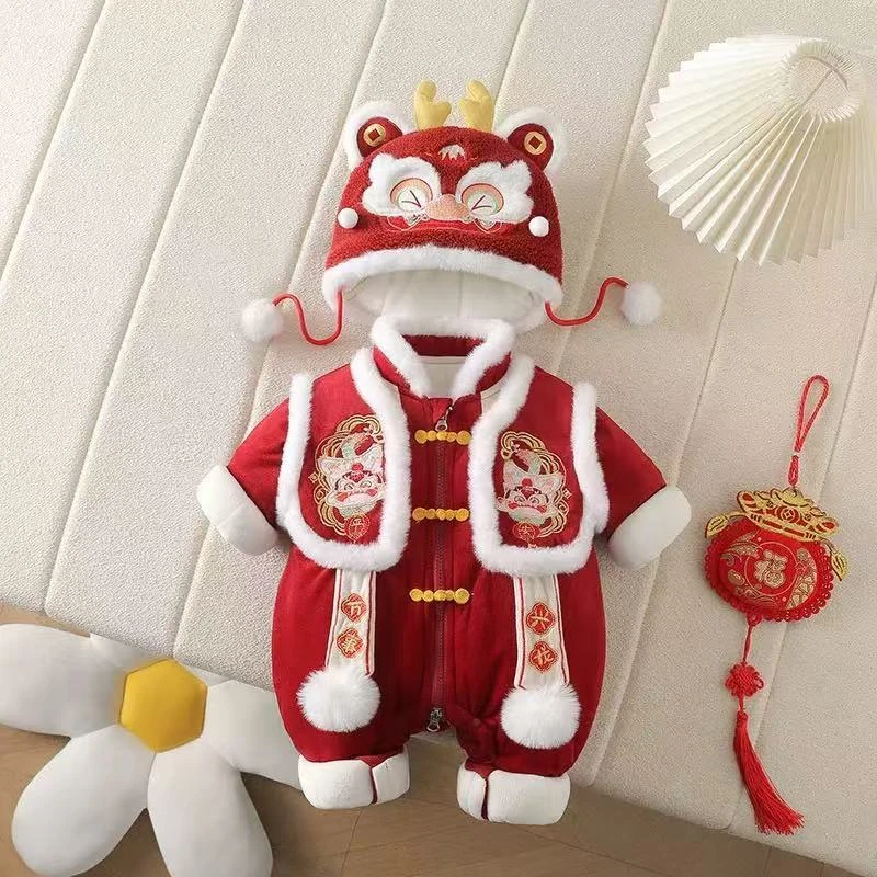 婴儿夹棉连体衣新年服新生儿宝 宝喜庆棉衣加厚拜年爬爬服