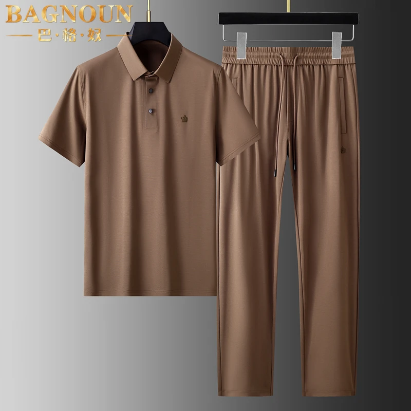 巴格奴休闲运动套装男士夏季时尚高端商务翻领蚕丝弹力透气两件套