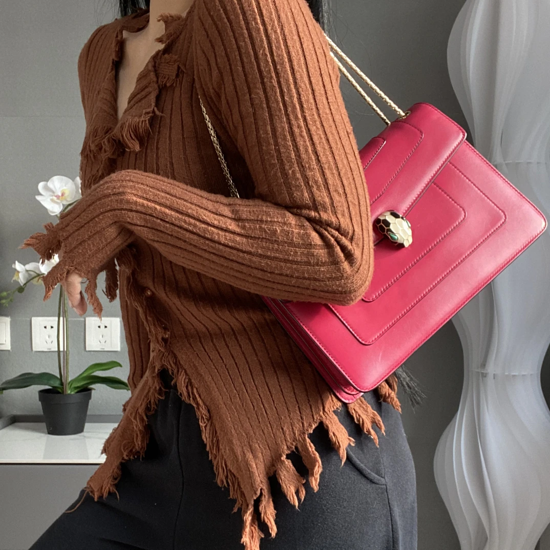 95新 BVLGARI/宝格丽 【可】 深粉色全皮蛇头风琴单肩包00 1035